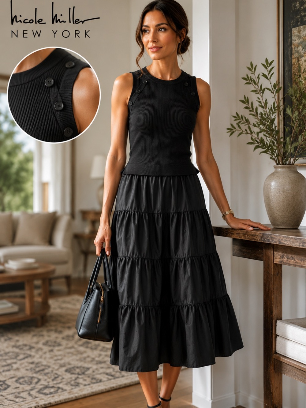 Nicole Miller NY, Ribbed Knit Tiered Dress Button-Shoulder Fit & Flare Size XS